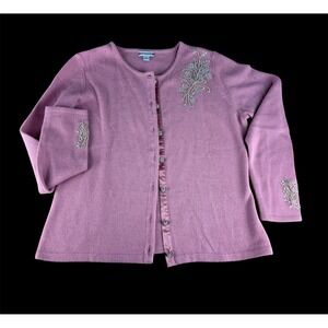 Nordstrom Pink Beaded Floral Cardigan Sweater Metallic Shimmer Rhinestone Large